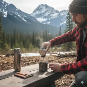 Using a portable manual espresso machine during a camping trip in the Canadian Rockies.