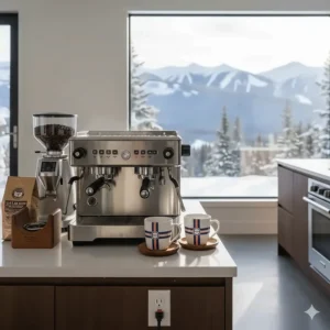Complete home coffee station in Canada featuring a commercial espresso machine and professional burr grinder.