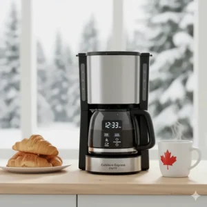 A digital illustration of a programmable drip coffee maker with English and French interface labels.