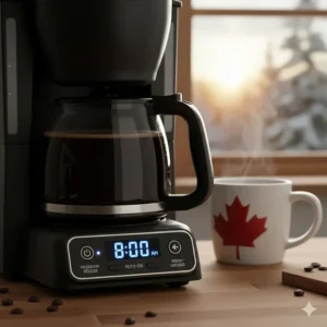 A close-up illustration of the programmable interface on a budget drip coffee maker set for an early start.