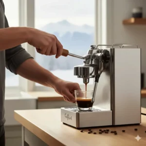 A barista pulling a shot of espresso manually to achieve the perfect crema using a lever machine.