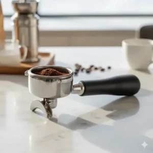 Close-up of a stainless steel portafilter used in a semi-automatic espresso machine.