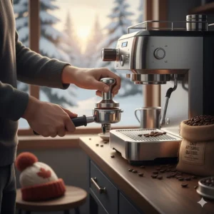 A person tamping fresh coffee grounds into a portafilter, showcasing the hands-on process of a semi-automatic espresso machine for Canadian home baristas.