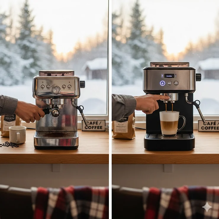 A side-by-side comparison of a semi-automatic vs super-automatic espresso machine on a modern Canadian kitchen counter with a window view of a snowy morning.