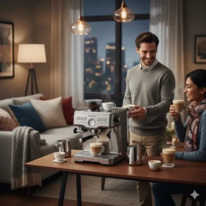 A host serving multiple espresso drinks made with a De'Longhi machine to friends in a Canadian living room.