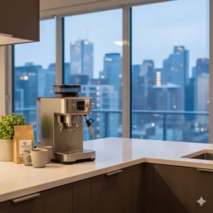 Compact espresso machine with grinder fitting perfectly into a stylish, urban Toronto condo kitchen setup.