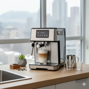 A slim, space-saving super automatic espresso machine perfect for a compact Vancouver apartment kitchen.