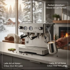 Illustration of powerful steam wand performance on a dual boiler espresso machine, perfect for making lattes at home.