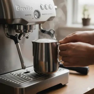 Using the manual steam wand on a Breville Barista Express to create silky microfoam for a flat white.