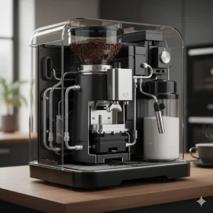 An illustration showing the built-in conical burr grinder inside a super-automatic espresso machine for fresh bean-to-cup brewing.