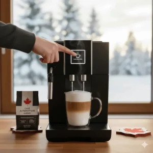 A finger pressing the "Latte Macchiato" button on a super-automatic espresso machine, demonstrating the convenience of bean-to-cup technology.