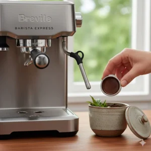 Removing a dry coffee puck from the portafilter of a Breville Barista Express for organic composting.
