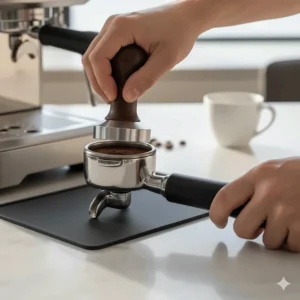 A home barista tamping freshly ground coffee into a portafilter for a balanced espresso shot.