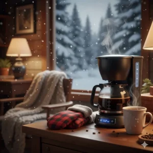 An illustration of a steaming drip coffee maker on a wooden counter with a pair of red flannel mittens nearby.