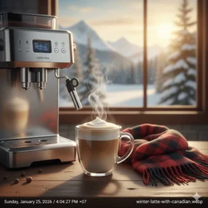 A steaming latte from an automatic machine resting on a wooden table next to a red and black plaid flannel accessory.
