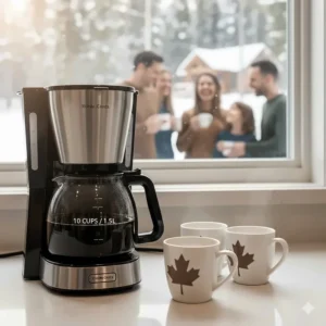 Illustration showing the 1.5L capacity of a 10 cup drip coffee maker, ideal for hosting family gatherings in Canada.