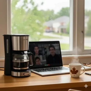 A sleek 5 cup drip coffee maker sitting on a home office desk next to a laptop, ideal for Canadian remote workers.