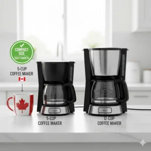 A side-by-side comparison of a 5 cup drip coffee maker versus a standard 12 cup machine to show its compact footprint.