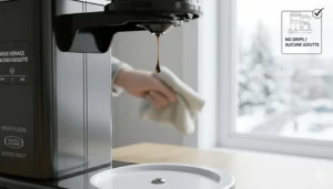 Close-up photorealistic shot of an anti-drip valve preventing spills on a coffee machine, with a bilingual 'No Drips / Aucune Goutte' badge and a clean warming plate visible.