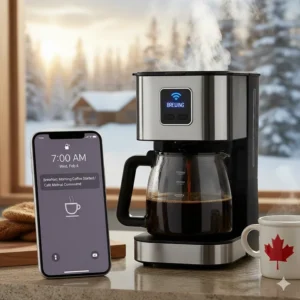 A cozy morning scene in Canada featuring a WiFi coffee maker starting automatically at 7 AM.