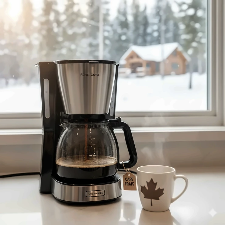 A modern 10 cup drip coffee maker on a kitchen counter in a Canadian home, brewing fresh morning coffee. Cafetière goutte à goutte 10 tasses.