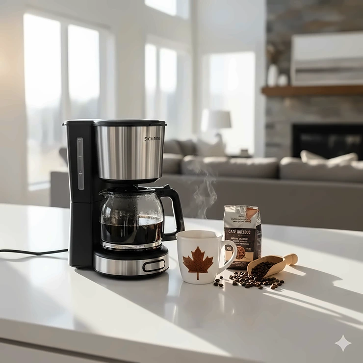 A modern 5 cup drip coffee maker on a white quartz kitchen island in a bright Canadian home, brewing fresh morning coffee.