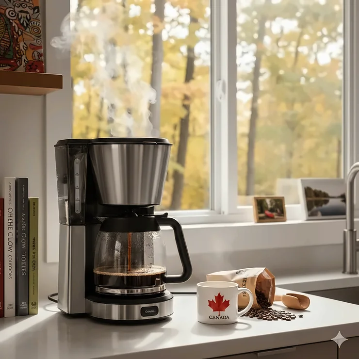 A modern 8 cup drip coffee maker brewing fresh coffee in a bright Canadian kitchen with a view of maple trees outside.