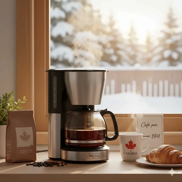 A modern BPA-free drip coffee maker brewing a fresh pot in a bright, cozy Canadian kitchen during winter. BPA free drip coffee maker