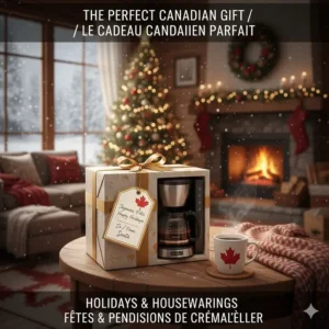 A gift-wrapped drip coffee maker with grinder built in, perfect for Canadian holiday gifting or housewarmings.