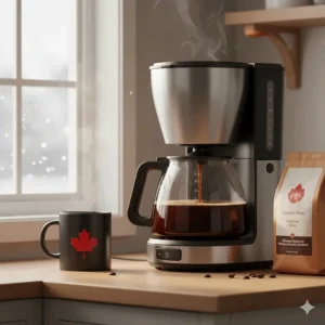 An automated drip coffee maker brewing a full carafe, perfect for busy Canadian mornings and large households.