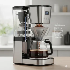 Detailed illustration showing the internal components and advanced brewing technology of a premium drip coffee maker.