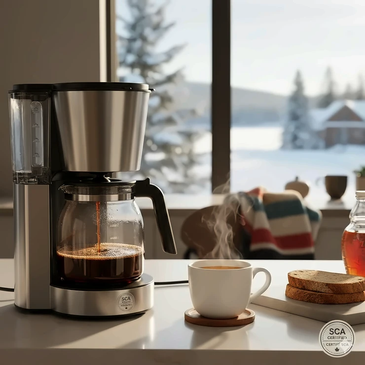A premium SCA certified coffee maker brewing a fresh pot in a modern Canadian kitchen with a snowy window view.