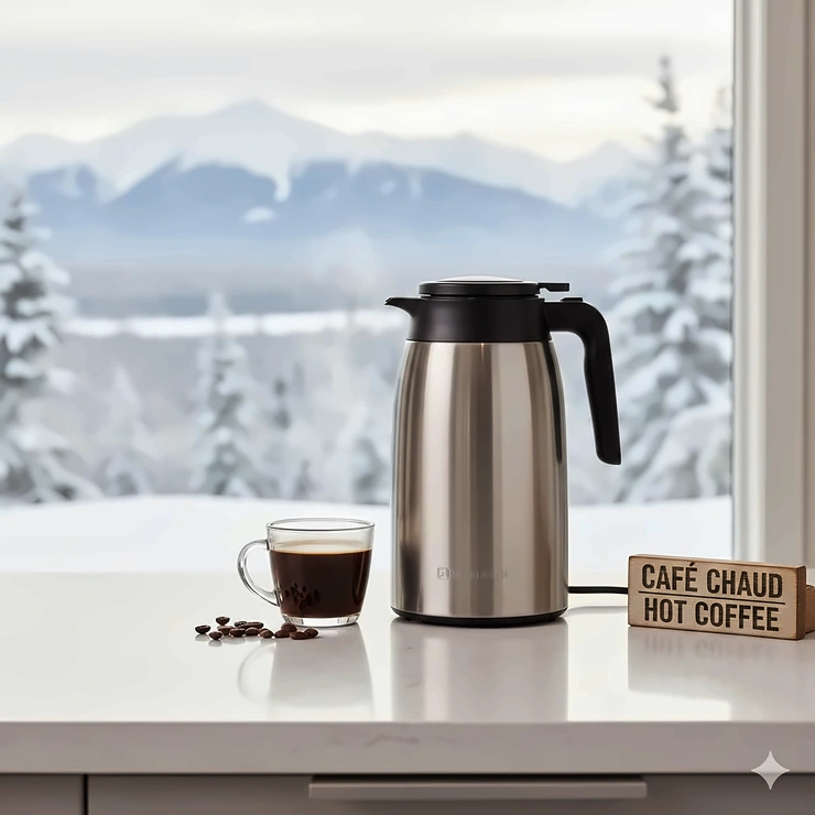 A stainless steel thermal carafe coffee maker on a kitchen counter in a Canadian home, keeping coffee hot during a snowy winter morning.