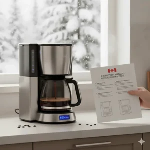 Illustration of a coffee maker with a Canadian flag icon, emphasizing English and French (Bilingue) programming options.