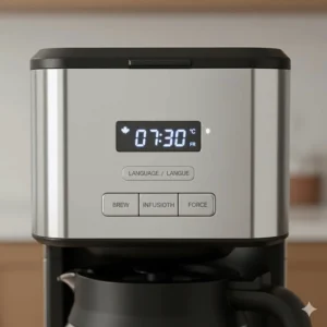 Close-up illustration of a premium drip coffee maker interface with English and French (cafetière) settings for the Canadian market.