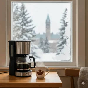 A 5 cup drip coffee maker brewing hot coffee while snow falls outside a frosted window in Ottawa.