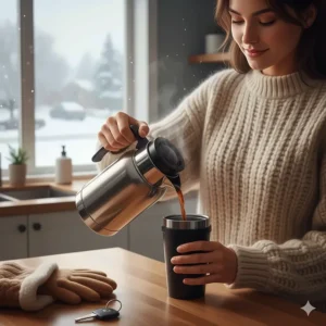 Illustration of a person pouring steaming coffee from a thermal carafe into a travel mug, ready for a cold Canadian commute.
