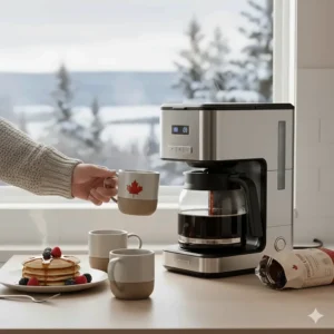 A cozy illustration of a Canadian breakfast setting featuring a premium drip coffee maker and a maple leaf mug.