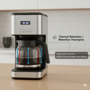 Illustration showing the thermal retention capabilities of a stainless steel carafe on a premium drip coffee maker.
