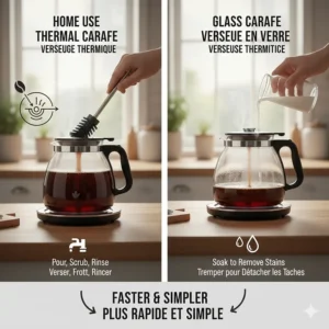 Easy-to-follow illustration comparing the cleaning process of glass and stainless steel carafes.