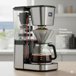 Technical diagram showing precise 92-96°C temperature control in a premium drip coffee maker for the perfect extraction.