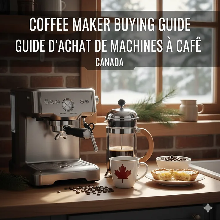A cozy Canadian kitchen featuring a high-end espresso machine and a French press with a "Buying Guide" overlay. coffee maker buying guide