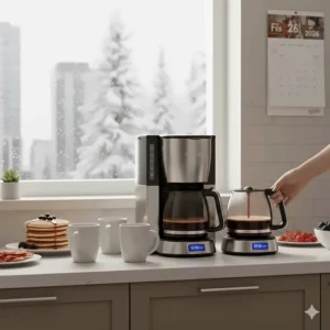 Illustration showing the 12-cup carafe capacity of a programmable brewer, perfect for Canadian family brunches.