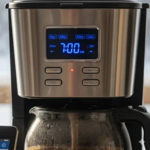 Close-up illustration of a digital timer on a programmable coffee maker set for an early morning Canadian commute.