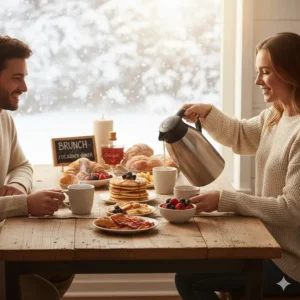 A sleek thermal carafe served on a breakfast table with pancakes and maple syrup, keeping coffee hot for guests at a Canadian brunch.