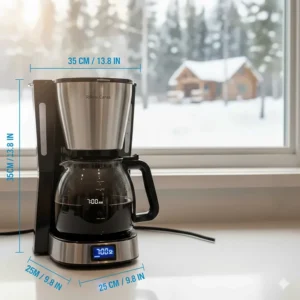 Dimension diagram of a compact 10 cup drip coffee maker designed to fit under standard Canadian kitchen cabinets.