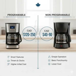 Infographic comparing the price points of programmable vs non-programmable coffee makers in Canadian Dollars (CAD).