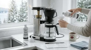 A photorealistic 4K image showing a person pouring descaling solution into a coffee maker, with a bilingual maintenance guide and 'Solution de Détartrage' bottle visible on a kitchen counter.