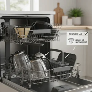 Photorealistic 4K image of a dishwasher rack filled with coffee maker parts, featuring a bilingual 'Dishwasher Safe / Lavable au lave-vaisselle' graphic, highlighting easy maintenance for Canadians.