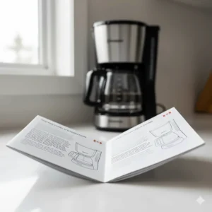 Illustration of a 5 cup drip coffee maker with an instruction manual featuring English and French (Français) text.
